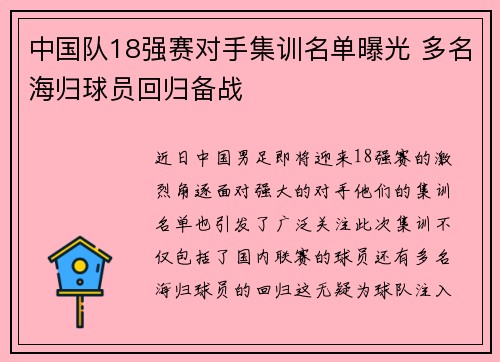 中国队18强赛对手集训名单曝光 多名海归球员回归备战