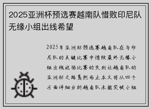 2025亚洲杯预选赛越南队惜败印尼队无缘小组出线希望