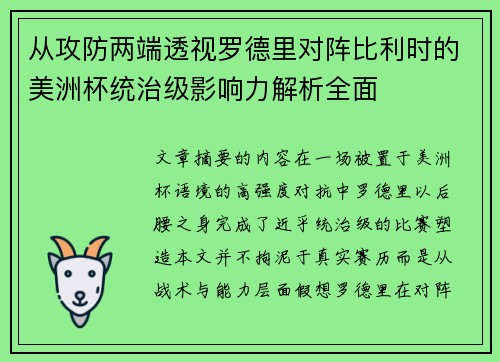 从攻防两端透视罗德里对阵比利时的美洲杯统治级影响力解析全面